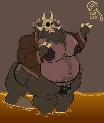 2023 3_fingers absurd_res anthro ass beard belly belly_hair big_belly big_butt big_moobs big_nipples big_pecs body_hair bone bottomless breasts brown_clothing brown_jacket brown_topwear butt_hair chest_hair closed_eyes clothed clothing coruki countershading disney facial_hair fingers fluffy fluffy_tail fur grey_background grey_body grey_fur hairy hi_res huge_butt huge_nipples jacket liquid long_tail male male_only moob moobs multicolored_body multicolored_fur navel nipples overweight overweight_anthro overweight_male papa_titan_(the_owl_house) partially_submerged pecs pubes shirtless signature simple_background skull skull_head solo sparkles standing standing_in_liquid standing_in_water straight_hair tail teeth the_owl_house thick_thighs titan_(the_owl_house) topwear two_tone_body two_tone_fur wide_hips