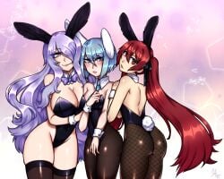 3girls alternate_costume ass back backless_outfit bare_back bare_thighs beruka_(fire_emblem) big_ass bowtie breasts bunny_ears bunny_girl bunnysuit camilla_(fire_emblem) cleavage female female_only fire_emblem fire_emblem_awakening fire_emblem_fates fishnet_legwear fishnets hair_over_one_eye large_breasts leotard light-skinned_female light_skin long_hair looking_at_viewer looking_back medium_breasts multiple_girls nintendo pantyhose pink_eyes purple_hair red_eyes red_hair selena_(fire_emblem_fates) severa_(fire_emblem) shioinue short_hair skindentation smile thick_thighs thighhighs thighs tie twintails very_long_hair