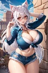 1girls ai_generated animal_ears curvaceous curvy_body curvy_female curvy_figure female_focus female_only fox_girl glasses highres huge_breasts milf seductive_look solo solo_female stable_diffusion tourist white_hair