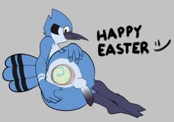 1boy anal_egg_laying anthro ass avian balls beak big_butt bird blue_body blue_feathers blue_jay cartoon_network corvid egg_laying feathers genitals grey_background humanoid_genitalia humanoid_penis inkgelato jay_(bird) lying male male_only mordecai_(regular_show) new_world_jay on_side oscine passerine penis presenting presenting_hindquarters rear_view regular_show simple_background solo tail_feathers