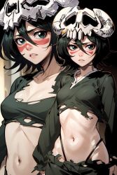 1girls ai_generated average_breasts bleach cosplay cute facepaint female female_focus female_only fusion fusion_character kuchiki_rukia nelliel_tu_odelschwanck pale-skinned_female small_breasts solo_female thong torn_clothes torn_clothing worried worried_expression