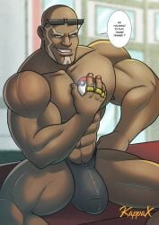 bald balls bara bulge dark-skinned_male dark_skin face_markings kappax male male_only muscles muscular nintendo penis pokeball pokemon pokemon_masters rings sawyer_(pokemon_masters) solo solo_male speech_bubble spread_legs sunglasses sunglasses_on_head