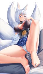 1boy absurdres animal_ears azur_lane barefoot blue_eyes blue_nails blue_skirt blunt_bangs breasts bulge cum cum_on_clothes erection erection_under_clothes feet female footjob footjob_over_clothes foreshortening fox_ears fox_tail grey_pants hand_up highres jewelry kaga_(azur_lane) knee_up large_breasts legs looking_at_viewer maozi_dan medium_hair microskirt multiple_tails nail_polish off_shoulder open_mouth out_of_frame panties pants ring sidelocks simple_background skirt soles straight swept_bangs tail thighs toenail_polish toenails toes two-footed_footjob underwear v white_panties