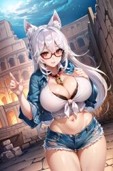 1girls ai_generated animal_ears curvy_body curvy_female curvy_figure female_focus female_only fox_girl glasses hips looking_at_viewer milf seductive_eyes seductive_look solo solo_female stable_diffusion tourist voluptuous voluptuous_female white_hair