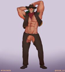 animal_ears armpit_hair balls bara boner cowboy_hat crotchless_pants erection face_markings fire_emblem fire_emblem:_path_of_radiance fire_emblem:_radiant_dawn hands_behind_head jacket male male_only muarim_(fire_emblem) muscles muscular nintendo open_jacket penis solo solo_male zombie_perc