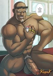 bald balls bara big_penis dark-skinned_male dark_skin face_markings kappax male male_only muscles muscular nintendo nude penis pokeball pokemon pokemon_masters rings sawyer_(pokemon_masters) solo solo_male speech_bubble spread_legs sunglasses sunglasses_on_head