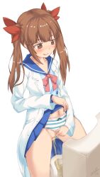 1girls :q artist_request azuma_(azumapic) blush bow brown_eyes brown_hair cleft_of_venus clothes_lift clothing_aside female female_using_urinal hair_ornament hair_ribbon heart heart-shaped_pupils highres idolmaster idolmaster_cinderella_girls ikebukuro_akiha lab_coat lifted_by_self long_hair missing_toilet navel panties panties_aside peeing pussy ribbon school_uniform semi-rimless_eyewear serafuku shirt sidelocks skirt skirt_lift smile solo standing striped striped_panties symbol-shaped_pupils tongue tongue_out twintails uncensored under-rim_eyewear underwear urinal urine young