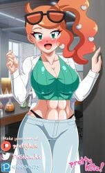 1girls 2023 abs artist_name big_breasts black_panties blush breasts female female_only game_freak green_eyes hourglass_figure huge_breasts lab_coat long_hair looking_at_viewer muscular muscular_female open_mouth orange_hair panties patreon_logo patreon_username pixiv_logo pixiv_username pk-studios pokemon pokemon_ss side_ponytail sonia_(pokemon) sunglasses sunglasses_on_head thick_thighs tight_clothing twitter_logo twitter_username wide_hips