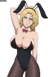 1girls alternate_hair_color alternate_hairstyle animal_ears arm_behind_head arm_up bare_chest bare_shoulders big_breasts bleach bleach:_the_thousand-year_blood_war blonde_hair blue_eyes bowtie breasts bunny_ears bunny_girl bunnysuit busty choker cleavage curvaceous curvy curvy_body curvy_female curvy_figure detached_collar fake_animal_ears hair_ornament hairband highres huge_breasts leotard matsumoto_rangiku mistowing mole mole_under_mouth pantyhose pinup revealing_clothes ribbon ribbon_choker short_hair skimpy skimpy_clothes smile strapless strapless_leotard tight_clothing voluptuous wide_hips