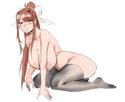 1girls big_ass big_breasts blush carambolatup doki_doki_literature_club female female_focus female_only green_eyes long_hair monika_(doki_doki_literature_club) nipples nude nude_female ribbon stockings thick_thighs thighhighs yangtao