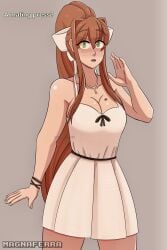 beauty_mark breasts brown_hair clothed clothing dialogue doki_doki_literature_club english_text fully_clothed futanari green_eyes human large_breasts light_skin long_hair magna_ferra monika_(doki_doki_literature_club) multiple_images solo standing text white_dress