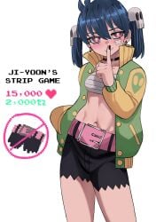 1girls bandage_bra bandaid belly_button belt blush choker dark_hair female female_only finger_on_mouth fully_clothed jacket ji-yoon jourd4n open_jacket skull_hair_ornament solo solo_female stomach strip_game tummy undressing