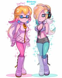 2girls adorable belly_button belly_button_piercing big_breasts blonde_hair blue_eyes cleavage clothing cosplay crossover cute female female_only full_body fusion green_leggings green_legwear headphones hotpants inkling inkling_girl knee_boots light-skinned_female light_blue_eyes marina_(splatoon) mario_(series) mascara midriff minidress miniskirt multiple_girls octoling octoling_girl pearl_(splatoon) pink_leggings pink_legwear princess_peach princess_rosalina short_dress short_shorts smile splatoon splatoon_(series) splatoon_2 standing subway_sum tentacle_hair white_gloves zipper_down zipper_dress