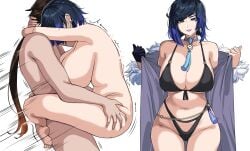 1boy 1girls absurdres big_breasts blue_hair breasts breasts_bigger_than_head carrying carrying_partner choker completely_nude drogod_(artist) faceless_male female female_pubic_hair genshin_impact gloved_hand green_eyes male pubic_hair pubic_hair_peek revealing robe_lift sex short_hair stripping tagme thick_thighs uncensored white_background yelan_(genshin_impact) zhongli_(genshin_impact)