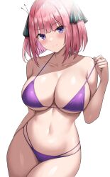 alternate_version_available big_breasts bikini blush butterfly_hair_ornament cleavage go-toubun_no_hanayome hourglass_figure jasony looking_at_viewer nakano_nino pink_hair pulling_bikini_string purple_bikini purple_eyes short_hair short_pink_hair smile thighs white_background