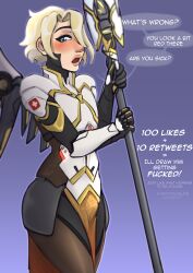 angela_ziegler blonde_hair blue_eyes bulge bulge_through_clothing dialogue femboy femboy_only feminine_male flaminggay genderswap genderswap_(ftm) girly light-skinned_femboy light_skin male male_only mercy oblivious overwatch overwatch_2 rule_63 solo suggestive talking_to_viewer