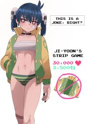 1girls bandage_bra bandaid belly_button blush choker dark_hair female female_only hand_in_pocket jacket ji-yoon jourd4n open_jacket panties skull_hair_ornament solo solo_female stomach strip_game tummy undressing