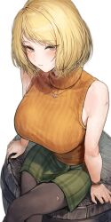 absurdres arm_support ashley_graham ashley_graham_(ella_freya) bare_arms bare_shoulders barrel black_pantyhose blonde_hair blue_eyes blush breasts closed_mouth crossed_legs eyes_visible_through_hair female green_skirt highres huge_breasts jewelry looking_at_viewer marse_(rokudaime) miniskirt on_barrel orange_sweater pantyhose pendant plaid plaid_skirt resident_evil resident_evil_4 resident_evil_4_remake ribbed_sweater short_hair simple_background sitting sitting_on_barrel skirt sleeveless sleeveless_sweater sleeveless_turtleneck solo sweatdrop sweater swept_bangs torn_clothes torn_pantyhose turtleneck watch white_background wristwatch