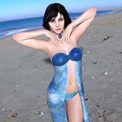 1girls 3d armpits arms_up beach bikini bioshock bioshock_infinite blue_eyes breasts brown_hair busty choker elizabeth_comstock female hleet3d hourglass_figure navel short_hair small_breasts solo standing tagme wide_hips