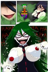 asatuyu brainwashing breast_expansion clownification crossover dc female green_hair huge_ass huge_breasts jack_in_the_box_(toy) joker jokerfication jokerization laughing midnight_(my_hero_academia) mind_control my_hero_academia nemuri_kayama ripped_clothing takeover