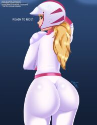 1girls aramyx ass blonde_hair blue_eyes bodysuit female helmet huge_ass long_hair looking_back mario_(series) princess_peach skintight skintight_bodysuit super_mario_bros._(2023_film) thick_thighs tight_clothing wide_hips