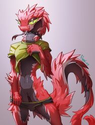 anthro biped black_body black_scales breasts clothing countershading female fivel forked_tongue genitals hi_res looking_at_viewer nipples non-mammal_breasts non-mammal_nipples pussy red_body red_scales reptile reverse_countershading scales scalie snake solo tongue tongue_out undressing