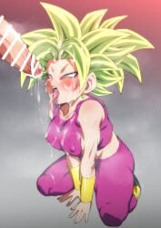 1boy 1girls bar_censor blue_eyes blush boots breasts censored commentary covered_nipples crop_top cum cum_in_mouth cum_on_body cum_on_breasts cum_on_face cum_on_tongue cum_string dragon_ball dragon_ball_super earrings facial female female_saiyan green_hair groin jewelry kefla kneeling large_breasts large_penis midriff muscular muscular_female penis potara_earrings rom rom_(20) saiyan solo_focus straight super_saiyan super_saiyan_2 tongue tongue_out v-shaped_eyebrows vambraces