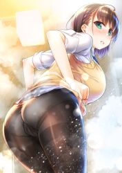 1girls ai-chan_(tawawa) ass black_pantyhose blush braid breasts clothes_lift cowboy_shot female from_behind frown getsuyoubi_no_tawawa large_breasts lifted_by_self looking_at_viewer nanase_meruchi panties panties_under_pantyhose pantyhose rear_view school_uniform short_hair side_braid skirt skirt_lift solo sweater_vest underwear yellow_sweater_vest