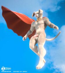 3d 5_fingers abs anthro anthrofied balls blue_sky canid canine canis cape cape_only clothing dc_comics dc_league_of_super-pets domestic_dog fingers fur furry furry_only genitals krypto male male_only mammal mostly_nude muscular muscular_male nude penis pink_nose sky solo tail topless topless_anthro white_body white_fur yellow_eyes zorryn