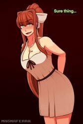 beauty_mark big_breasts breasts brown_hair clothed clothing dialogue doki_doki_literature_club english_text fully_clothed futanari green_eyes human large_breasts light-skinned_futanari light_skin magna_ferra monika_(doki_doki_literature_club) multiple_images solo standing text white_dress