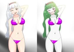 asatuyu bikini brainwashing character_request clownification corruption dc hair_color_change joker jokerfication jokerization skin_color_change smile