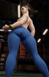 3d 3d_(artwork) ass ass_focus blender blender_(software) breasts brown_hair chun-li dkclaude3d female female_focus female_only from_behind gym leggings short_hair street_fighter street_fighter_6 topless topless_female