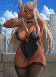 1girls breasts brown_skin bunny_ears bunny_girl bunnysuit dark-skinned_female dark_skin female highleg_leotard huge_breasts latex leotard long_hair miruko my_hero_academia red_eyes rumi_usagiyama smile smiling thick_thighs white_hair wide_hips zaphn