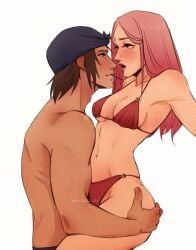 1boy 1girls age_difference ass ass_grab bikini cleavage eye_contact face-to-face female hand_on_ass hand_on_butt headwear horny lingerie male male/female mayskalih naruto naruto_(series) naruto_shippuden on_lap open_mouth partially_clothed passionate pink_hair rarepair revealing_clothes sakura_haruno sensual shiranui_genma straight thick_ass underwear