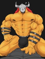 abs anatake anthro armwear bandai_namco bara barazoku biceps black_body black_clothing black_underwear bulge claws clothing digimon digimon_(species) dragon duo green_eyes hair hi_res male male_only muscular muscular_anthro muscular_male nipples on_top orange_body pecs red_hair scalie underwear vein veiny_muscles