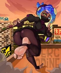 bana_(oc) barefoot dark-skinned_female dark_skin feet foot_fetish heterochromia kunoichi looking_at_viewer looking_back looking_back_at_viewer ninja octoling octoling_girl original_character percodine soles solo splatoon splatoon_(series) stirrup_legwear stirrups tentacle_hair