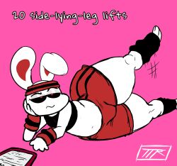 1girls anthro big_ass big_butt bored_expression bunny chikn_nuggit excercise iscream_(chikn_nuggit) kojoarts laying_on_side leg_lift legband naughtypaw_(artist) pink_background rabbit shorts tank_top thick_thighs ttherandom tthrandom tthrandom_rp white_body wide_hips working_out workout workout_clothes wrist_band