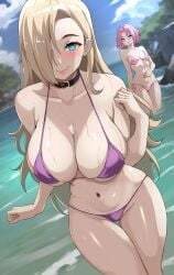 2girls bikini blonde_hair blue_eyes breast_size_difference breasts female female_only green_eyes hair_over_one_eye hips huge_breasts ino_yamanaka lainart light-skinned_female light_skin long_hair medium_breasts multiple_girls naruto naruto_(series) naruto_shippuden pink_bikini pink_hair purple_bikini sakura_haruno short_hair thick_thighs thighs wide_hips