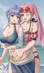 2girls absurdres alternate_costume amayo_thranana bikini blue_bikini blue_hair blue_swimsuit braid breasts brown_eyes cleavage commentary_request commission crown_braid eyewear_on_head female female_only fire_emblem fire_emblem:_three_houses fire_emblem_heroes hands_on_another's_stomach highres hilda_valentine_goneril hilda_valentine_goneril_(summer) hug hug_from_behind large_breasts long_hair marianne_von_edmund marianne_von_edmund_(summer) multiple_girls navel nintendo off-shoulder_bikini off_shoulder official_alternate_costume one_eye_closed pink_bikini pink_eyes pink_hair pink_swimsuit smile sunglasses swimsuit twintails yuri