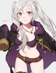 1girls alternate_costume ass_visible_through_thighs belt bikini black_coat blush breasts brown_belt coat commentary cowboy_shot female female_only fire_emblem fire_emblem_awakening fire_emblem_heroes grey_background grey_hair highres jewelry long_sleeves medium_breasts navel necklace nintendo o-ring official_alternate_costume open_clothes open_coat peach11_01 purple_bikini purple_swimsuit robin_(fire_emblem) robin_(fire_emblem)_(female) simple_background sleeves_past_fingers sleeves_past_wrists solo standing stomach swimsuit thighs twintails underboob