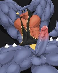 abs anatake anthro balls biceps blue_body clothing fish garchomp generation_4_pokemon genitals hi_res hoodie male male_only marine muscular muscular_anthro muscular_male nintendo pecs penis pokemon pokemon_(species) shark solo solo_male spikes tail tongue topwear vein veiny_penis yellow_eyes