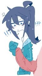 big_penis blue_hair confused confused_look exclamation_mark femboy horny horny_male large_penis long_hair op_u_na shoulders shy slut smoking surprised surprised_expression surprised_face temptation whore zense-kun