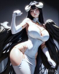 ai_generated albedo_(overlord) armwear big_breasts big_horns black_feathers black_hair black_wings cleavage curled_horns demon elbow_gloves feathered_wings gloves grey_background grey_theme hair horns large_ass long_gloves long_hair low-angle_view orange_eyes overlord_(maruyama) pencil_dress straight_hair streaked_hair succubus thick_thighs thigh_cutout tight_clothing tight_dress white_armwear white_clothing white_dress white_gloves white_horns white_theme wings yellow_eyes