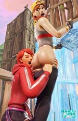 2girls ass aura_(fortnite) brown_eyes brown_hair female female_only fortnite licking_ass multiple_girls pants_down red_hair summer_fable sweat thenumbersdon'tlie