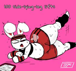 1girls anthro anthro_only big_ass big_butt bunny chikn_nuggit exercise iscream_(chikn_nuggit) kojoarts laying_on_side leg_lift legband naughtypaw_(artist) out_of_breath pink_background rabbit shorts sweat sweatdrop sweating tank_top thick_thighs tired tongue_out ttherandom tthrandom tthrandom_rp twitch_lines white_body wide_hips working_out wrist_band