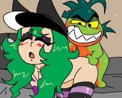 1boy 1girls animated anthro artist_self-insert bean_smile dreamworks female fish goth_girl green_hair hat male mr._piranha_(the_bad_guys) scales sex tattoos the_bad_guys yorushikathebaka