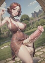 ai_generated big_balls big_breasts big_penis cute dress dripping_precum futa_only futanari horsecock naughty_faun outdoors outside red_hair redhead see-through solo_futa stable_diffusion tagme