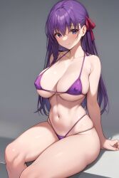 1girls ai_generated bikini breasts fate/grand_order fate/stay_night fate_(series) female large_breasts light-skinned_female light_skin long_hair looking_at_viewer matou_sakura purple_bikini purple_hair simple_background smile solo solo_female stable_diffusion thick_thighs