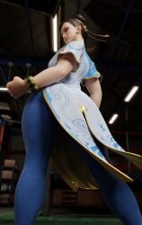 1girls 3d 3d_(artwork) ass ass_focus blender blender_(software) brown_hair chun-li dkclaude3d dress female female_focus female_only from_behind fully_clothed gym leggings short_hair solo street_fighter street_fighter_6