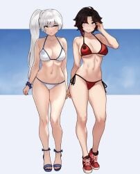 2girls alternate_breast_size bikini blue_eyes bluefield blush breasts casual clothing female female_only footwear hi_res high_heels human large_breasts long_hair looking_at_viewer medium_breasts medium_hair multiple_girls navel pale_skin red_bikini red_hair ruby_rose rwby side_ponytail simple_background slim_body slim_waist smile sneakers swimwear thighs weiss_schnee white_bikini white_hair